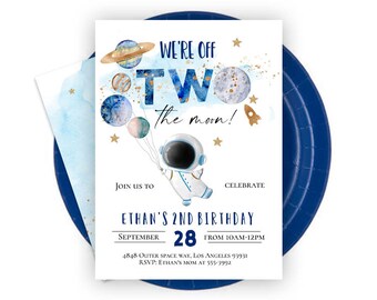 TWO THE MOON 2nd birthday invitation. Blue Astronaut outer space balloons invitation, planets second birthday invitation galaxy