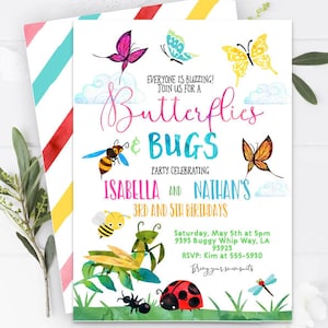 Editable Butterflies and Bugs invitation Butterfly Birthday Bug Birthday Invitation Dual Sibling Twins Boy and Girl Birthday Insect