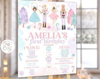 Nutcracker birthday party milestone poster, Nutcracker first birthday firsts poster, Sugar plum fairy poster 1st birthday Christmas winter