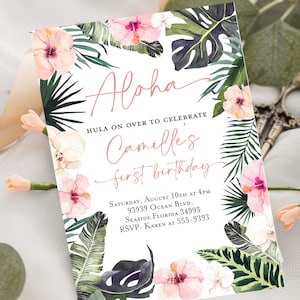 TROPICAL Birthday party invitation Pink Pineapple invitation Hawaiian Luau 1st Birthday invitation Aloha birthday invitation Palm leaves