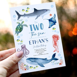 In TWO the sea invitation, Under the sea 2nd birthday Shark invitation, Sea second birthday Shark birthday invitation whale turtle stingray