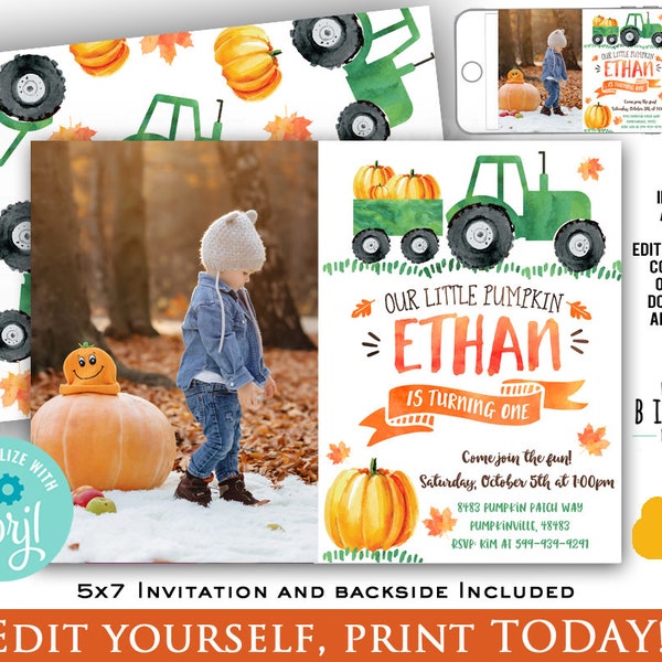 PUMPKIN TRACTOR Birthday party invitation - Our little pumpkin is turning one - Pumpkin first birthday invitation - Pumpkin Tractor Invite