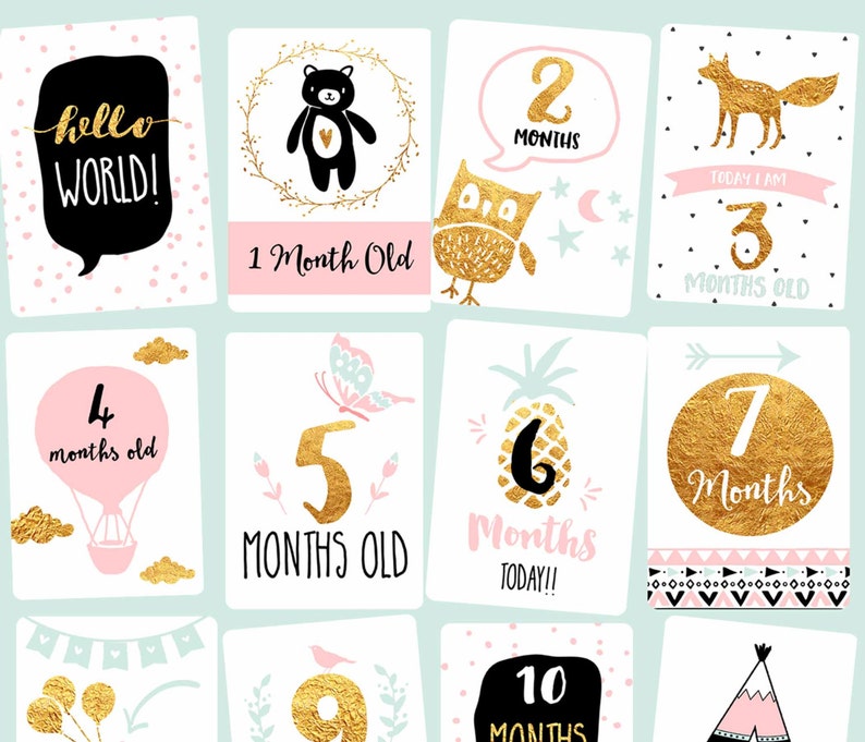 Baby Milestone Cards Baby Girl Milestone Cards Gold Pink Mint Milestone cards Printable Milestone cards Newborn Photo prop Photography