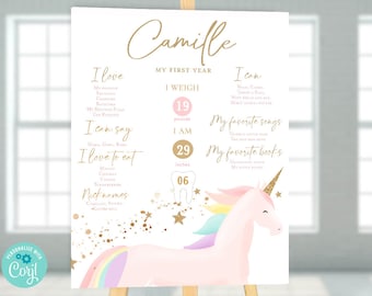 Póster del hito del primer cumpleaños del unicornio, tablero del cartel del hito del unicornio, Plantilla de primera fiesta de cumpleaños del unicornio de descarga instantánea