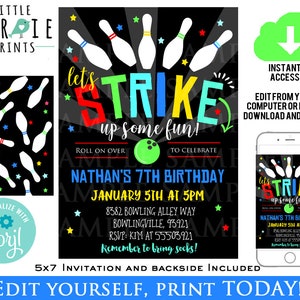 BOWLING BIRTHDAY INVITATION Bowl party invitation Strike Birthday party invitation Glow Bowling party Printable Instant download boy blue