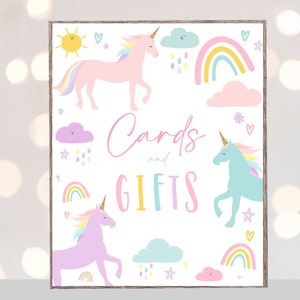 Signo de fiesta de unicornio Tarjetas y regalos Fiesta de cumpleaños de unicornios y arcoíris 1er cumpleaños a cualquier edad, Decoraciones imprimibles de unicornio modernas y simples