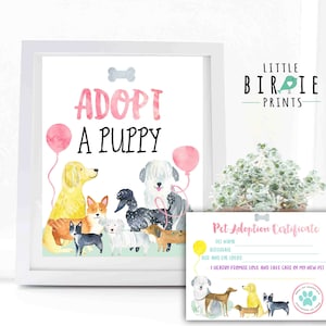 Puppy Party Adoption Certificate and Adopt a puppy sign Adopt a pet birthday party puppy pawty Dog party sign Instant download Printable