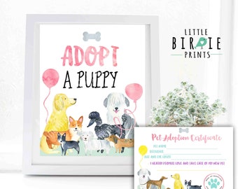 Puppy Party Adoption Certificate and Adopt a puppy sign Adopt a pet birthday party puppy pawty Dog party sign Instant download Printable