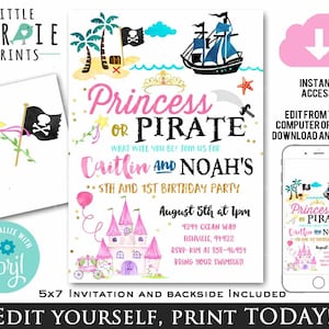 PRINCESS and PIRATE BIRTHDAY Invitation Princess pirates Invitation Boy Girl Twins Siblings invitation and Pirate Princess instant download