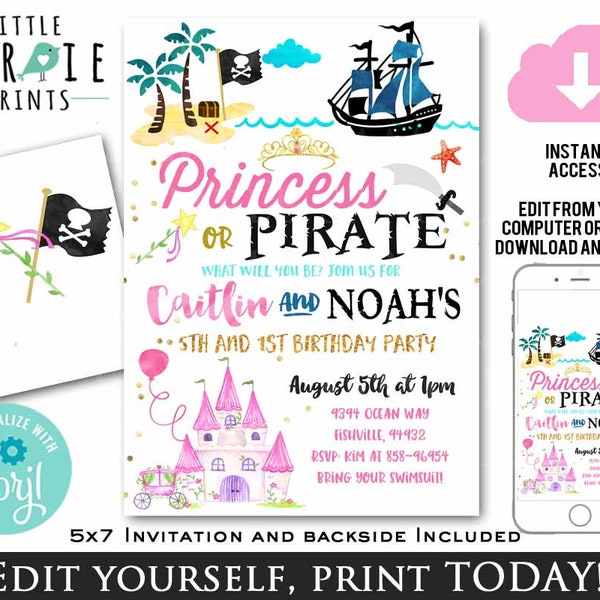 PRINCESS and PIRATE BIRTHDAY Invitation Princess pirates Invitation Boy Girl Twins Siblings invitation and Pirate Princess instant download