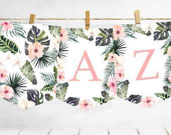 May include: A tropical floral banner with the letters A and Z in pink on a white background. The banner is decorated with pink hibiscus flowers, green leaves, and white orchids.