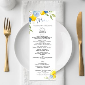 Modelo de menu LEMON, menu de chá de panela com limão azul, menu de chá de bebê com limão, menu editável, download instantâneo para impressão, almoço brunch da marinha