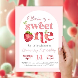 Erdbeere Einladungskarte zum ersten Geburtstag Sweet One Berry erste Geburtstagseinladung Aquarell Erdbeeren Geburtstagsfeier sofort Download