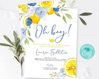 Edytowalne zaproszenie na baby shower w kolorze CYTRYNOWYM NIEBIESKI Baby shower z cytryną Baby shower z lemoniadą Brunch Baby shower w lecie Baby shower w kolorze żółtym Granatowo-żółty