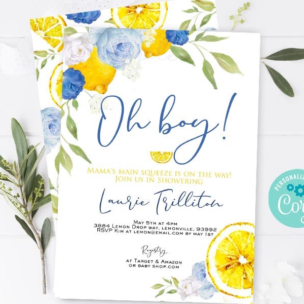 Editable LEMON baby shower invitation BLUE Lemon baby shower Lemonade baby shower Brunch Summer baby shower yellow baby shower Navy yellow