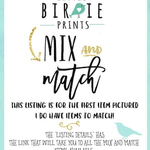Może przedstawiać: Grafika z tekstem "LITTLE BIRIE PRINTS" i "MIX AND match" w czarnym kolorze z akcentem złotego brokatu. Tekst "THIS LISTING IS FOR THE FIRST ITEM PICTURED I DO HAVE ITEMS TO MATCH!" jest w kolorze czarnym. Tekst "THE "LISTING DETAILS" HAS THE LINK THAT WILL TAKE YOU TO ALL THE MIX AND MATCH ITEMS AVAILABLE. IF YOU DON'T SEE AN ITEM IN MY SHOP TO COORDINATE JUST ASK!" jest w kolorze czarnym. Grafika przedstawia niebieskiego ptaka z białym sercem na piersi.