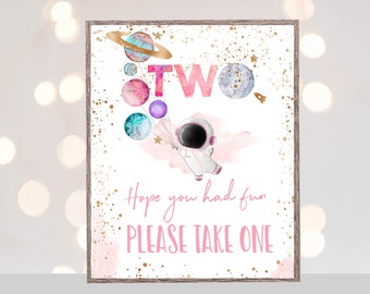 Two the moon Girl Astronaut 2nd birthday party favor food table sign Outer space drinks sign pink 2nd galaxy planets girl decorations