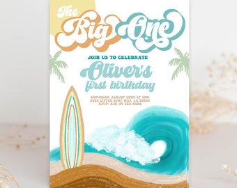 THE BIG ONE invitation, Surf first birthday invitation, Surfboard Retro invitation 1st birthday, Ocean surfboard surfing 70's beach party