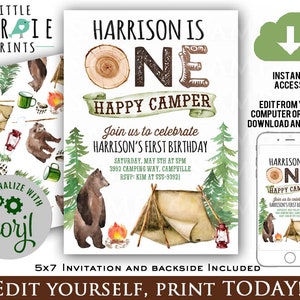 ONE HAPPY CAMPER Milestone poster to match one happy camper invitation Camping first birthday Bear Outdoor camp birthday party 1st birthday image 3