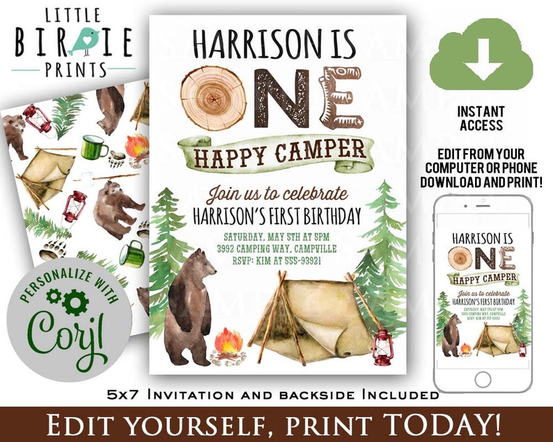 ONE HAPPY CAMPER Milestone poster to match one happy camper invitation Camping first birthday Bear Outdoor camp birthday party 1st birthday image 3