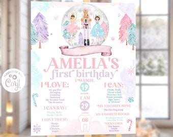 Nutcracker birthday party milestone poster, Nutcracker first birthday firsts poster, Sugar plum fairy poster 1st birthday Christmas winter
