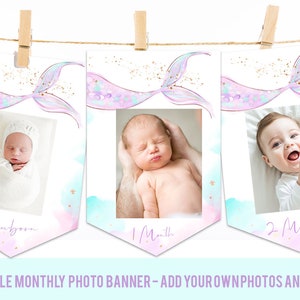 Mermaid monthly photo banner, Oneder the sea first birthday party monthly banner photos, Under the sea pastel mermaid party printables