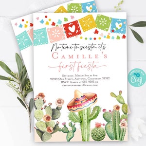 Fiesta first birthday invitation, No time to siesta First Fiesta, Mexican Cinco de Mayo, Cactus southwest invitation, Taco 'bout a party