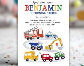 May include: A birthday invitation card featuring the text Honk, beep, vroom, BENJAMIN IS TURNING THREE!, Join us to celebrate, Saturday, March 5th at 5pm, 3946 Traffic Way, Automibleville 94943, RSVP: Stephanie at 555-3994, and colorful vehicles.