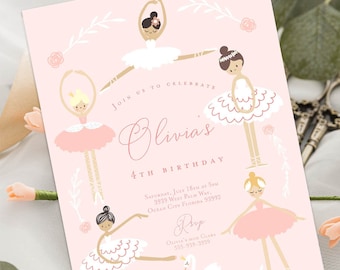 May include: Pink invitation with a white border and a floral design. The invitation is for Olivia's 4th birthday party. It features a white swan and four ballerinas in pink and white tutus. The text on the invitation reads "Join us to celebrate Olivia's 4th Birthday. Saturday, July 18th at 5pm, 3939 West Palm Way, Ocean City Florida 93992. RSVP Olivia's Mom Clara 555-939-3939."