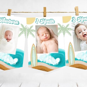 THE BIG ONE monthly photo banner, milestone banner surfing first birthday waves ocean beach first birthday Retro surfboards photo