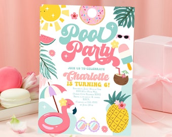 Pool party birthday invitation girl, Splish splash invitation, Summer splash water party, Retro pool party Ice cream tropical invite pink