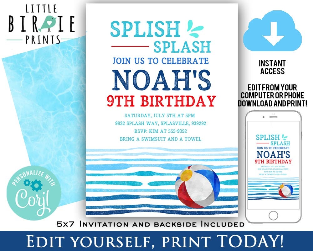 POOL PARTY INVITATION Boy pool party invitation instant download editable with Corjl Beach ball Beach Party Invitation Summer