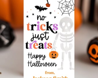 Editable Halloween gift Tags no tricks just treats candy tags, Halloween Printable bag tags Skeleton Kids school handout instant download