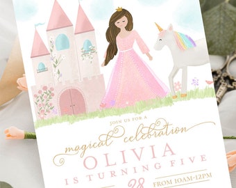 May include: A pink and white castle with a unicorn and a princess in a pink dress. The text on the invitation reads "Join us for a magical celebration Olivia is turning five September 28 from 10am-12pm 4848 Outer Space Way, Los Angeles 93931 RSVP: Ethan's mom at 555-3992"