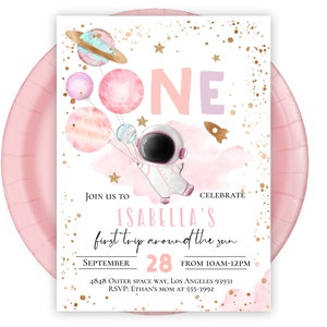 Editable Girl Space Birthday Invitation First Trip Around The Sun Houston we have a one year old Pink Astronaut Outer Space Planet rocket