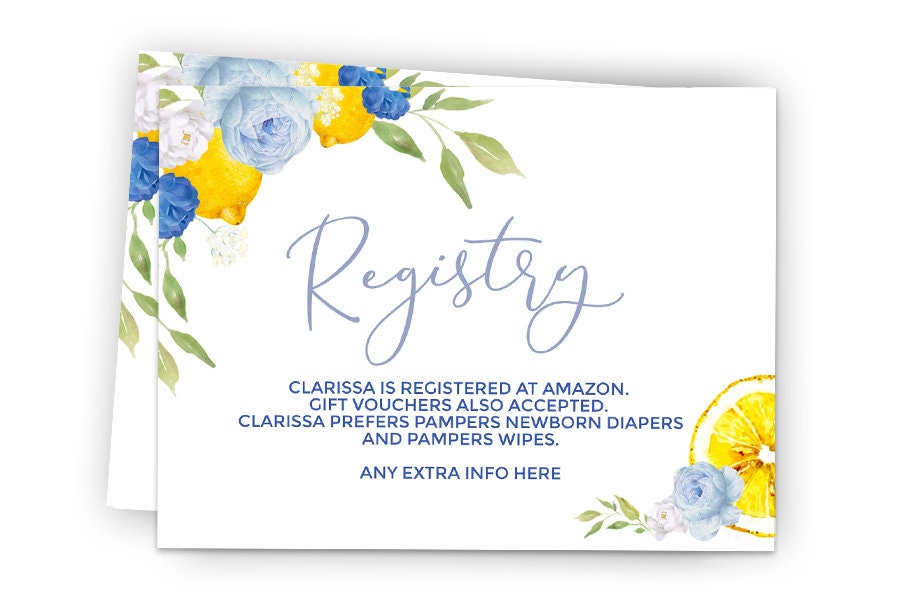LEMON registry insert cards blue bridal shower or baby shower registry cards editable boy lemon instant download Lemonade lemon shower