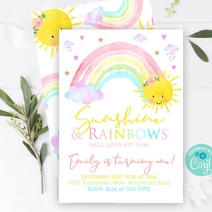 Sunshine rainbows invitation Sunshine and rainbows birthday invitation Rainbow first birthday Watercolor sunshine party 1st Birthday any age