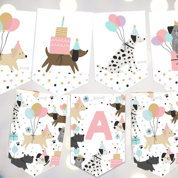 Welpe Geburtstagsbanner Girl Welpe Hund druckbare Banner Welpe Geburtstag Party Dekorationen Welpe Mädchen rosa Welpe Hund Wimpelkette sofortiger download