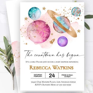 Invitación editable al baby shower espacial, Pink Girl La cuenta regresiva ha comenzado invitación Galaxy Blast off to the moon baby shower, Girl planets