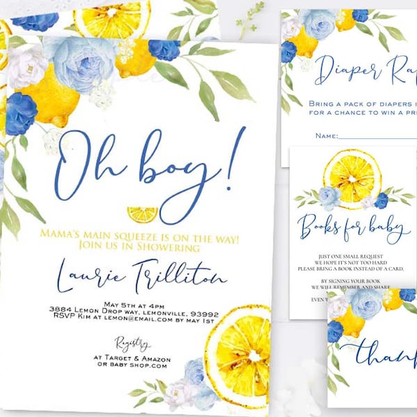Blue Lemon Baby Shower Invitation Diaper raffle ticket, thank you card, books for baby cards lemon main squeeze navy citrus shower summer