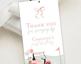 Hole in one birthday favor tags, Pink Golf birthday partee favor tags, girl Golf first birthday party thank you tag, Bow girl coquette