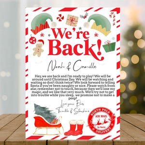 Carta de elfo editable Estamos de vuelta, hola de tus elfos Carta de regreso Elfo que regresa Carta de bienvenida de elfo navideño de Papá Noel descarga instantánea