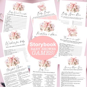 May include: A collection of baby shower games with a pink and white theme. The games include word scrambles, bingo, and a nursery rhyme quiz. The text "Storybook BABY SHOWER GAMES!" is prominently displayed.