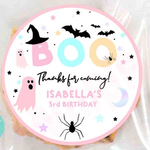 Editable PINK HALLOWEEN birthday round stickers BOO Happy halloween favor tags name Pastel halloween party favors printable Instant download