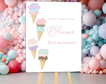 Ice cream welcome sign Ice cream birthday party Two Sweet Birthday Sweet one Three is so sweet birthday party sign decorations editable
