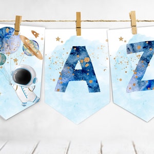 Estandarte espacial imprimible, baby shower de astronauta o banner de fiesta de cumpleaños ABC, Primer viaje alrededor del sol Planetas Cohete Fiesta del espacio exterior