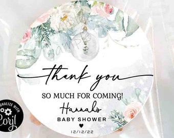 Editable WINTER baby shower favor tags, Winter baby shower stickers, Christmas baby shower gift tags Greenery Pink girl baby shower blush
