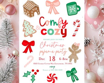 Può includere: Un invito a una festa in pigiama natalizia con le parole "Comfy & Cozy" in rosso e verde. L'invito include illustrazioni di una casa di pan di zenzero, un albero di Natale, fiocchi, bastoncini di zucchero e un omino di pan di zenzero.