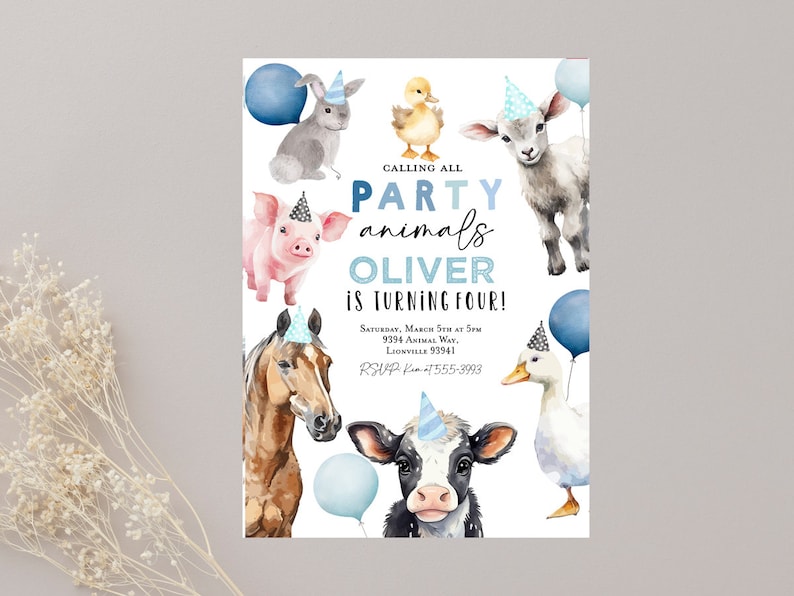 Farm Animals Birthday Party Invitation Boy Farm 1st Birthday, Cow Horse ...