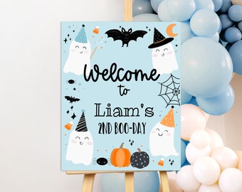 Spooky ghost birthday welcome SIGN Boy blue Halloween welcome sign Ghost birthday party Two Spooky One Trick or Three Four ever